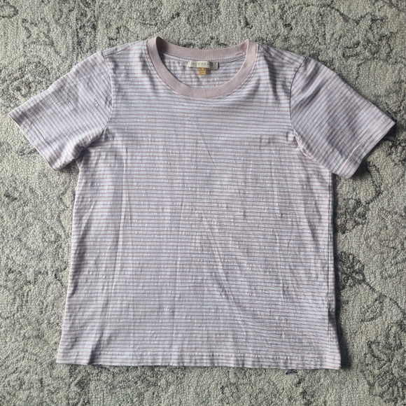 DownEast Striped Top Short Sleeve Crew Neck Casual White and Pink - Picture 1 of 8